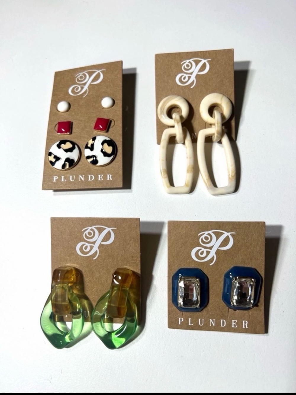 4 Piece Plunder Design Earring Set - Cream, Green, Navy, Multi
